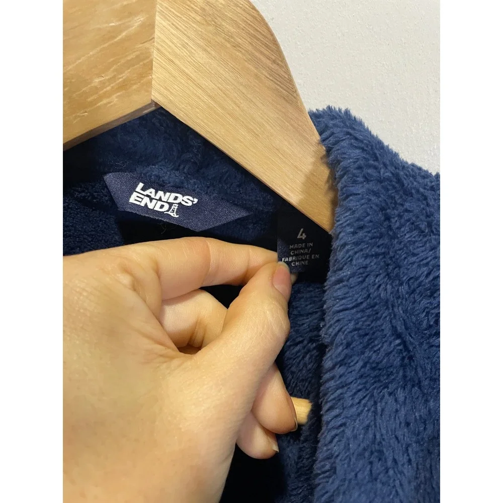 Lands' End Fleece Robe Kids 4 Navy Blue Hooded Plush Soft Loungewear Bathrobe‎